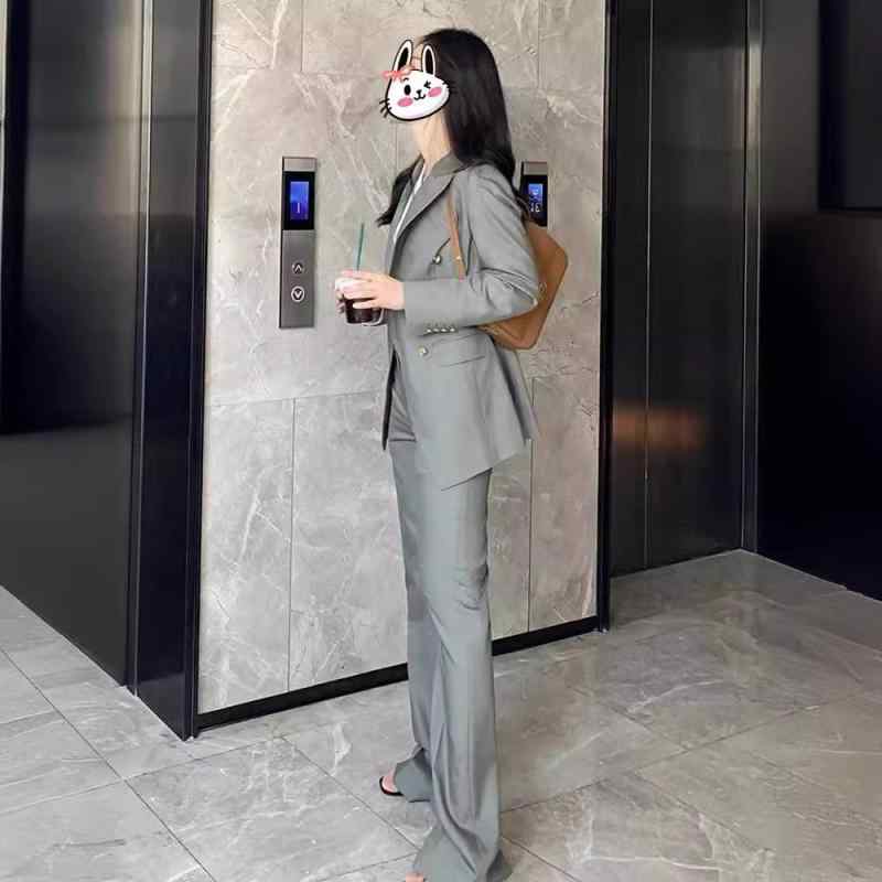 スーツ セット レディース 秋冬 グレー グレー 高級感 職業 ビジネス 微喇 ワイドレッグ ジャケット パンツ セット ウール調 ストレッチ 軽量 通勤 普段使い 職場 女性 トップス ボトムス セット|リバーパディ