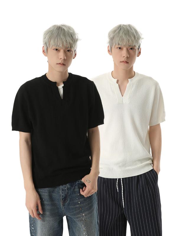 メンズ トップス シャツ Vネック ゆったり 短袖 ニット カジュアル 普段使い シンプル 百搭 綿混 軽量 伸縮性 通勤 休日