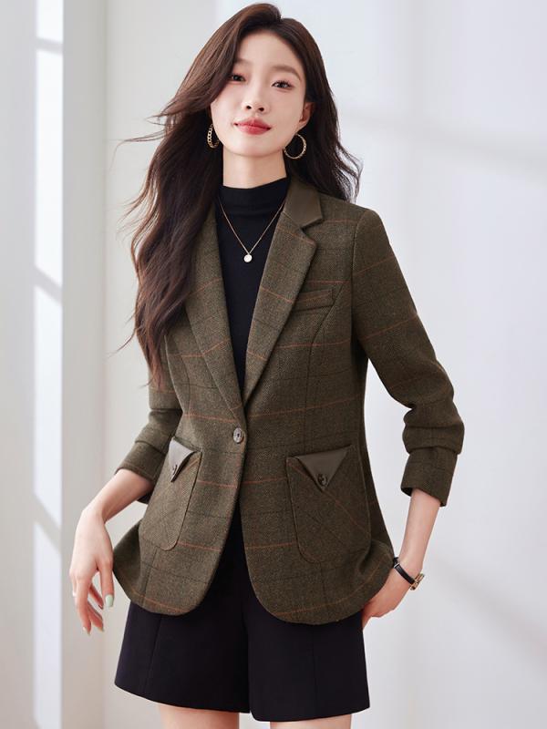 レディース 秋冬 ジャケット 格子柄 スーツ コート 職業服 修身 スリム 短め トップス ウール混 軽量 ストレッチ 通勤用 普段使い カジュアルスタイル ブラック グレー系 秋冬