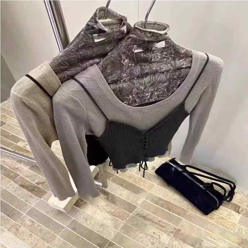 秋冬 トップス レディース 韓国 スリムフィット ファッション 吊り帯 ブラウス 色 長袖 ニットセーター セットアップ 伸縮性 吸湿速乾 軽量 ビッグシルエット ブラック グレー ベージュ 通勤用 普段使い