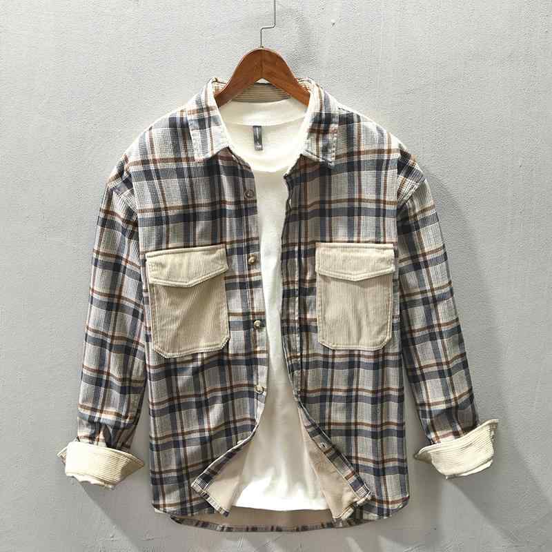 メンズ 長袖シャツ トップス 秋冬 格子柄 切り替え コート風 ジャケット 軽量 綿混 素材 伸縮性 普段使い 通勤 通年対応 暖かみ カジュアルスタイル
