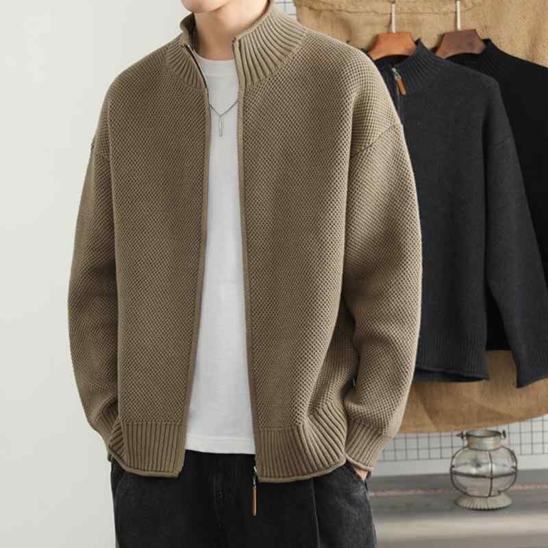 カーディガン メンズ 秋冬 日系 シンプル ファッション ニット スタンドカラー 開き シャツ 軽量 コットン混 ゆったりシルエット 普段使い コート スタイル