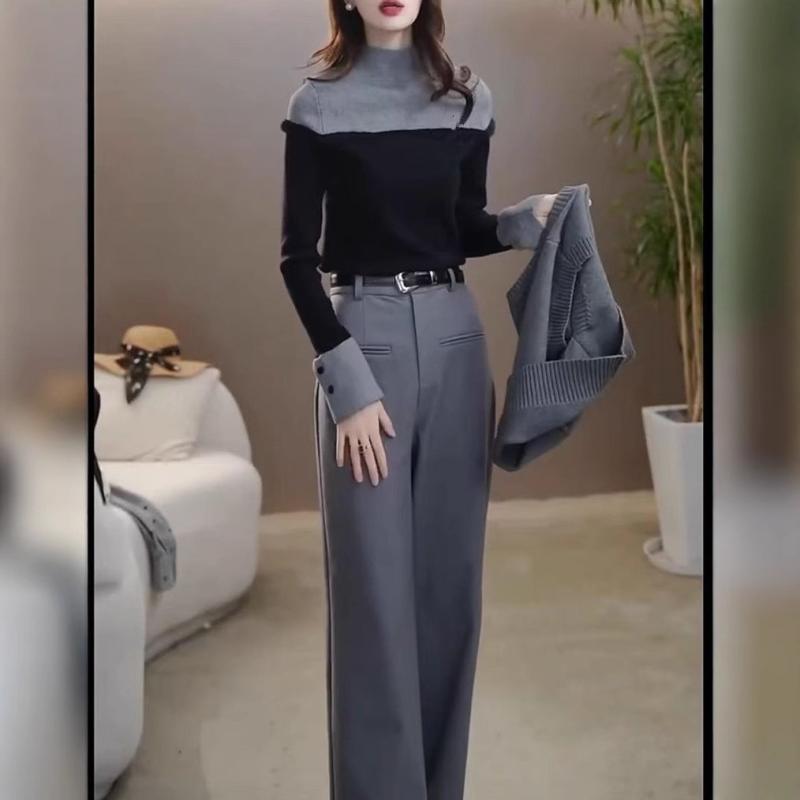 トップス 女性用 秋冬 切り替え 半ハイネック 修身 フィット インナー シャツ ボトムス 女性用 秋冬 高腰 スリム 西? セット コットン 混 ストレッチ 吸湿速乾 通勤 普段使い カジュアル ブラック グレー ベージュ アイボリー 軽量 伸縮性 高