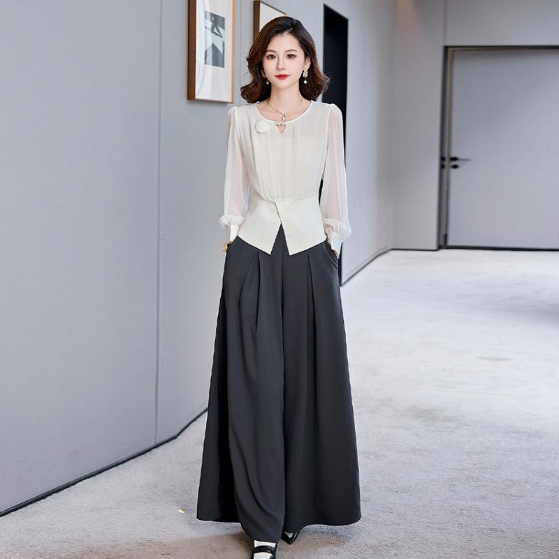 秋冬 女性用 シャツ セット トップス 洋気 お姫様風 職業 通勤 ワイドレッグパンツ 綿素材 軽量 伸縮性 ハイウエスト ブラック グレー ベージュ 吸湿速乾 ビッグシルエット Vネック カジュアルスタイル 普段使い アウトドア|リバーパディ