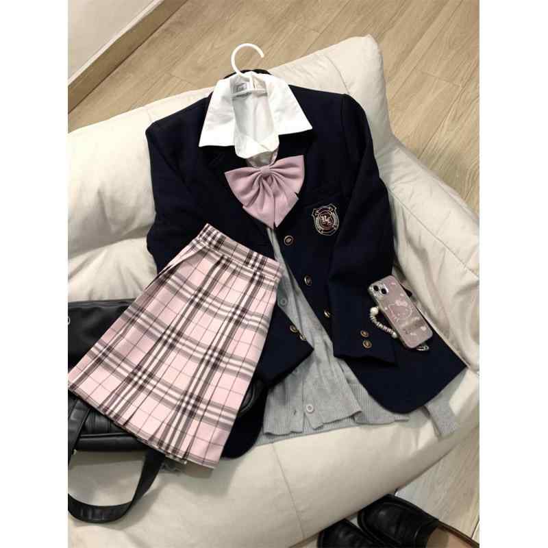 JK制服 女子 学院風 セットアップ ウール混 西装ジャケット ニットカーディガン チェック柄 プリーツスカート 秋冬 レイヤードスタイル 学生服風 制服スカート 通学用 暖か素材 膝丈 ロング丈 トップス ボトムス コーディネート かわいい ビッグシル