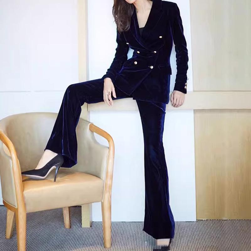 秋冬 レディース 職業装 西装 高級感 女性らしい セットアップ 真? ワイドレッグパンツ ベルベット ブラック 女性用 ビジネス ウール調 暖かみ フォーマル トップス ボトムス 女性らしいシルエット ゆったり 洗練 セット