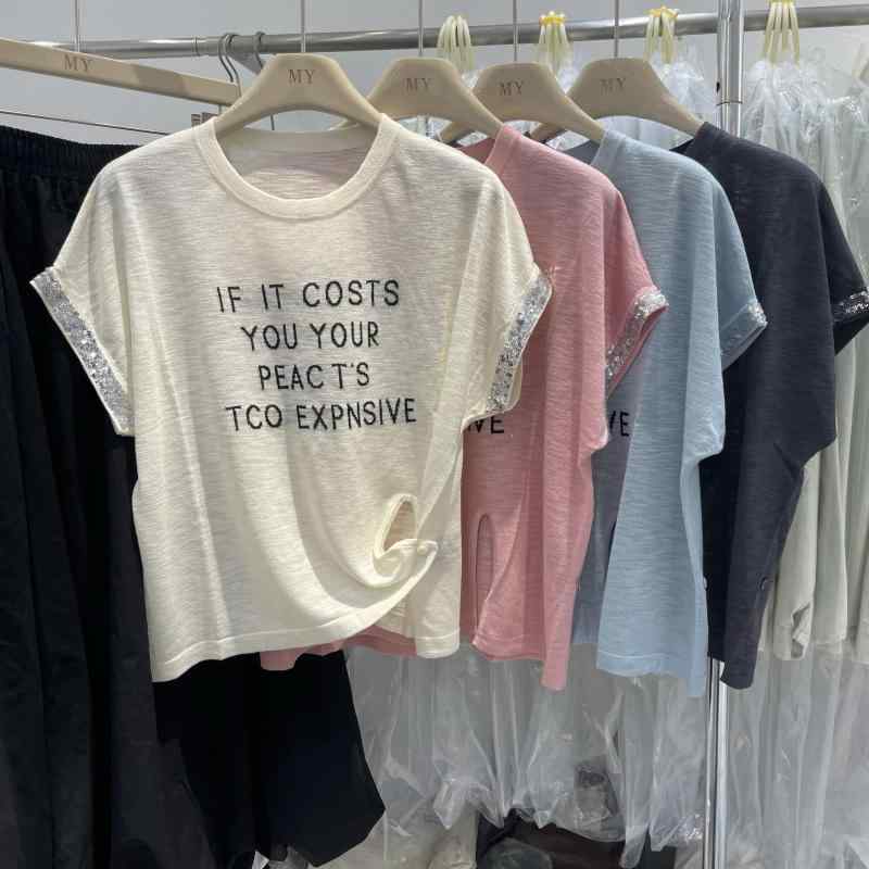レディース ゆったり ラウンドネック Tシャツ 袖口 キラキラ 装飾 サイド ボタン 竹節 リネン ニット 薄手 体型カバー カジュアル トップス 吸湿速乾 軽量 伸縮性 普段使い