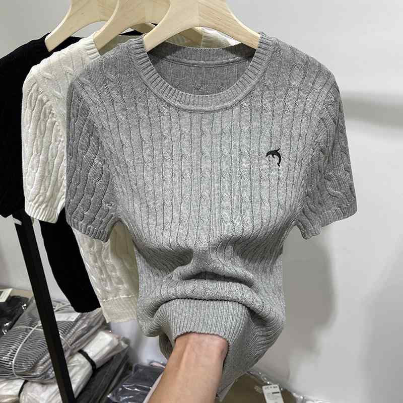レディース ニット Tシャツ 短袖 丸首 レトロ ツイスト刺繍 ゆったりシルエット ウエストシェイプ 夏用 カジュアル 普段使い 軽量 コットン混 吸湿速乾