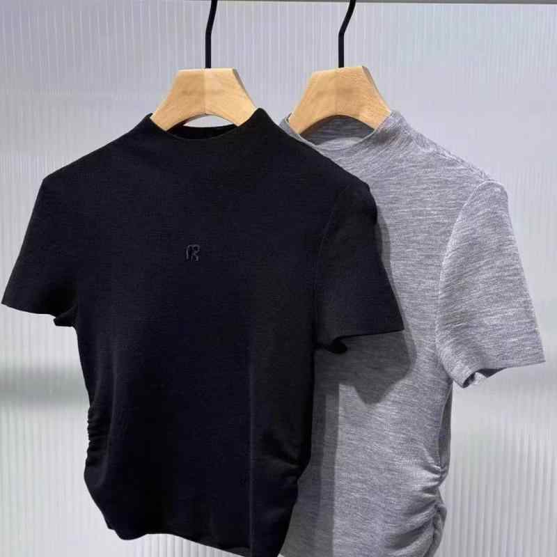 レディース 短袖 ニット Tシャツ アルファベット 刺繍 スリムフィット 薄手 伸縮性 トップス 普段使い カジュアル 修身 エレガント