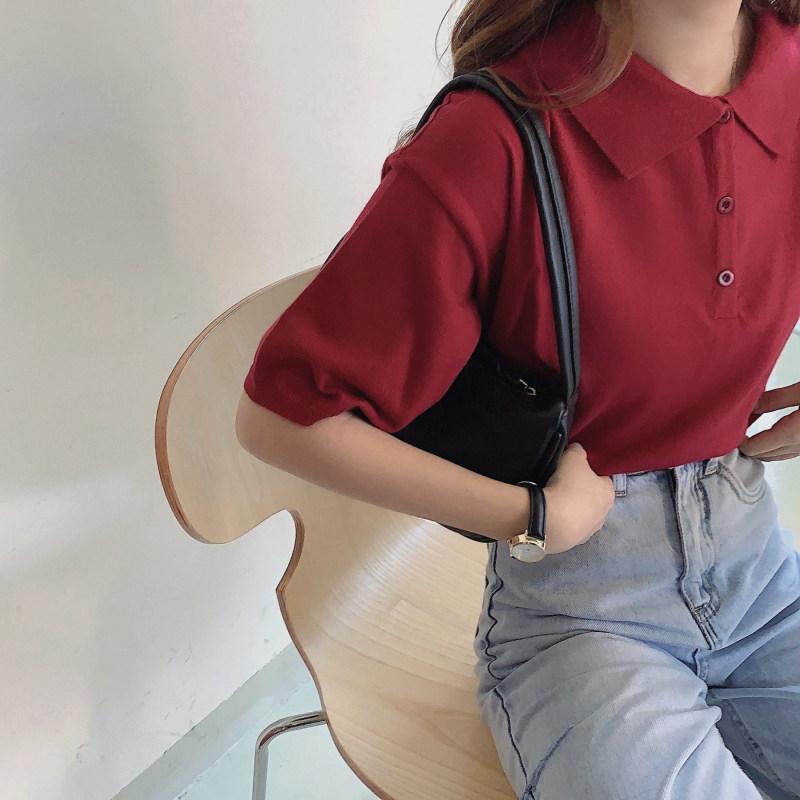 レディース 短袖 ポロカラ Tシャツ ワインレッド ニット 夏用 スリム 細見え レトロ 薄手 接触冷感 トップス 吸湿速乾 軽量 コットン混 普段使い