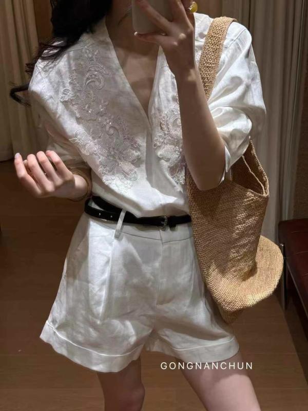 レディース 夏 Vのど首 ティーシャツ トップス 草木刺しゅう シークはたご屋 かざり付ける リネン フリンジ さる股引き 仕掛ける 心地よい たまり場 座標 軽さ 通気性 吸湿速乾 原料品