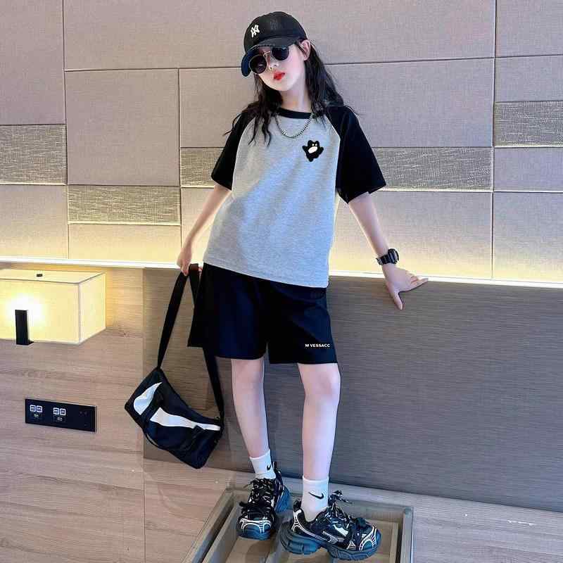 女の子 子供 ゆったり 綿 短袖 トップス ラグラン袖 切り替え カラー 夏用 インナー シャツ カジュアル 日常使い 軽量 柔らかい 素材 通学 遊び着