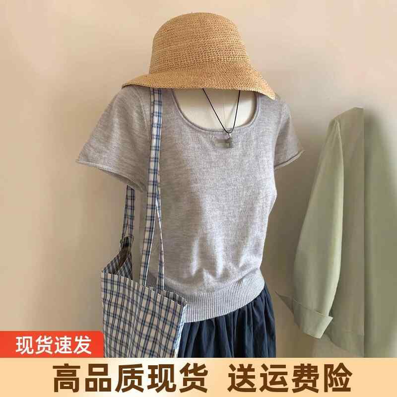 Tシャツ レディース 夏 グレー Uネック 接触冷感 短袖 薄手 小柄向け 短丈 スリム効果 ニット ストレートショルダー トップス カジュアル 吸湿速乾 軽量 普段使い