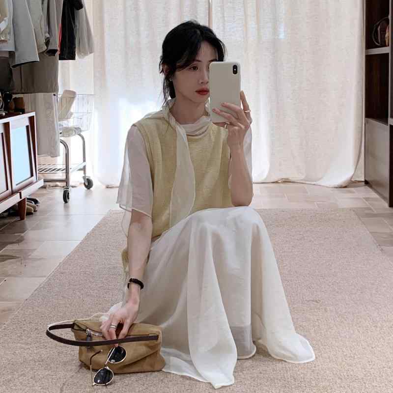 レディース 韓国 愛くるしげ 夏 ホンブルグ帽 通気性 軽さ 当たること冷感 吸湿速乾 編み物 より良い 澄み切った シフォン トップ 普段使い走り 女子らしい 表現スタイル 2点仕掛ける