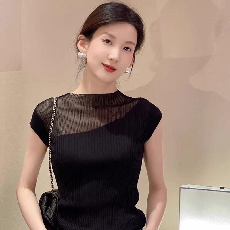 ノースリーブ トップ レディース 夏用 半澄み切った 黒いこと  当たること冷感 薄っぺら 御前上等感 フレンチ表現スタイル 引っ切りない肩肉 ニットトップス