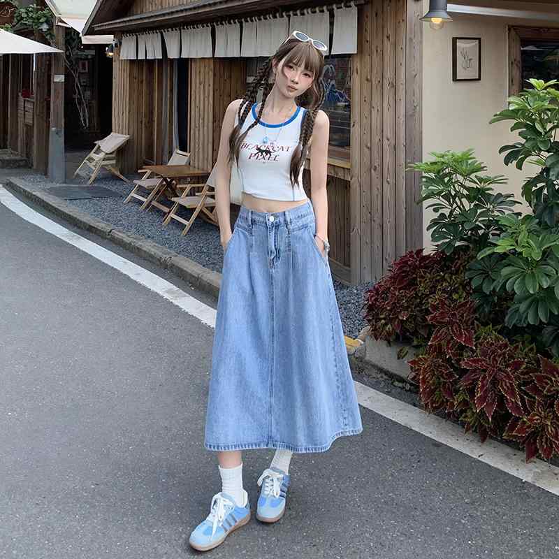 デニムスカート 女性用 夏 高腰 スリム 垂感 梨形体型 ミドル丈 ブルー 再生繊維 軽量 通勤 普段使い カジュアル