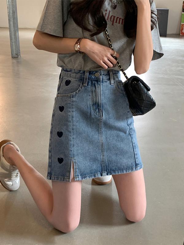 デニムスカート 女性用 夏 春夏 通勤 普段使い 高腰 スリム ハートモチーフ スリット タイト フレア Aライン 切り替え コットン 再生繊維 軽量 伸縮性 吸湿速乾 ハイウエスト ビッグシルエット ブルー系 ブラック