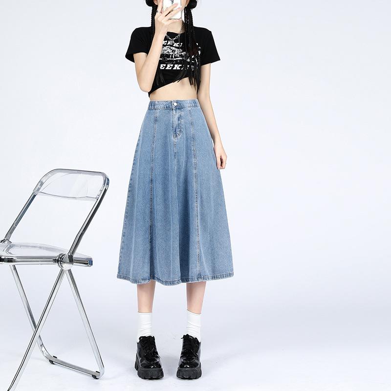 スカート 女性用 春夏 ロング丈 高腰 デニム ハーフ丈 ミディ丈 Aライン 百褶 フレア プリーツ 遮胯 膝丈 スリム 軽量 伸縮性 通勤 普段使い カジュアル アイボリー ブラック
