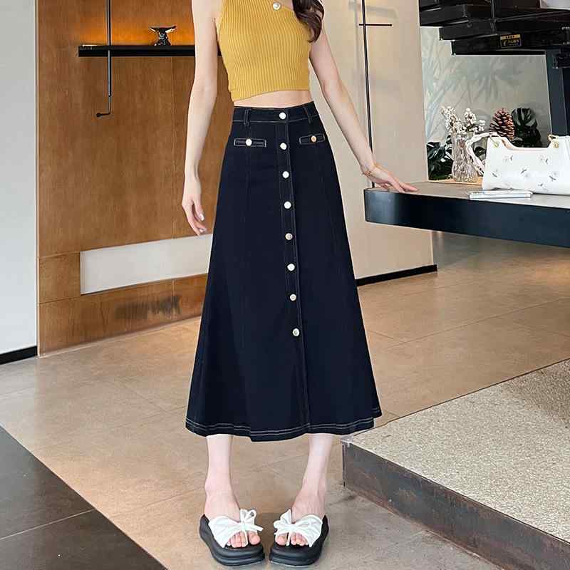 春夏 スカート 女性用 ロング デニム スカート 高腰 Aライン スカート 半身 スカート 大きいサイズ 修身 フレア スカート コットン 素材 伸縮性 軽量 通勤 普段使い カジュアル スタイル ミッド ブルー ブラック アイボリー