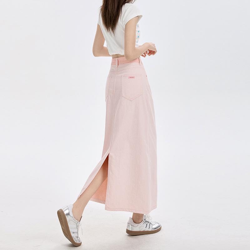 スカート レディース 女性用 春夏 ピンク系 桜色 ハイウエスト デニム 膝丈 中長 包みスカート 包臀 スリット 切り替え デザイン 伸縮性 通勤 普段使い 軽量 再生繊維 接触冷感 吸湿速乾 ビッグシルエット Vネック カジュアル