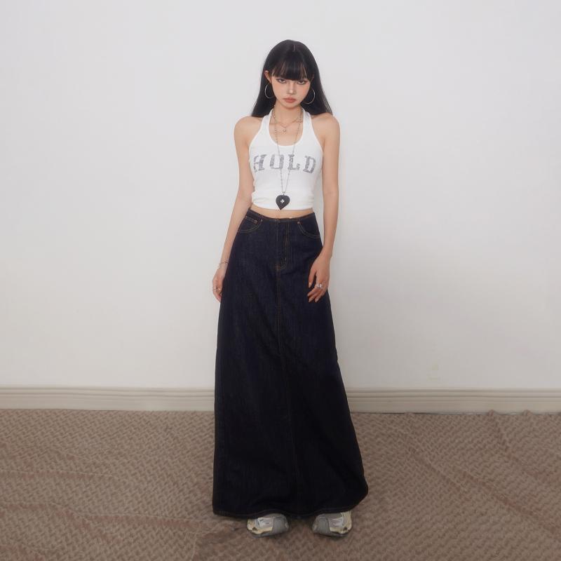 スカート 女性用 春夏 デニム ハイウエスト 膝丈 Aライン ゆったり スリム効果 切り替え ロング丈 軽量 通勤 普段使い 伸縮性 吸湿速乾 ブラック ピンク系 アイボリー コットン 混紡