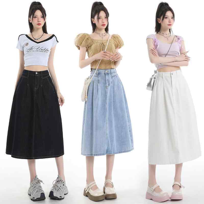 スカート 女性用 デニム ハイウエスト ルーズフィット Aライン スリム効果 百搭 中長丈 フレアスカート コットン 春夏 軽量 伸縮性 通勤用 普段使い カジュアルスタイル ブルー系 アイボリー