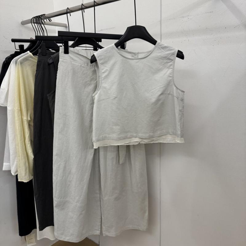 レディース 夏用 ノースリーブ タンクトップ レース裾 切り替え バックボタン タイ付き ワークスタイル ワイドレッグパンツ ツーピースセット 軽量 吸湿速乾 ストレッチ素材 ハイウエスト カジュアル