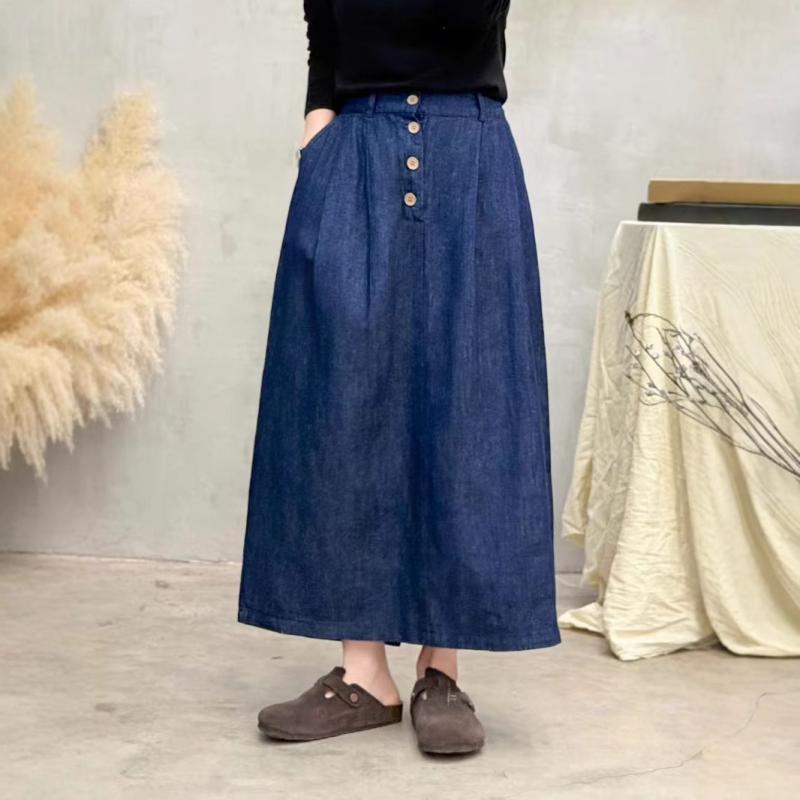 スカート 女性用 ロング ミドル丈 デニム 普段使い 高腰 スリム Aライン 垂感 フレア 綿 伸縮性 カジュアル スタイル ブルー系 通年