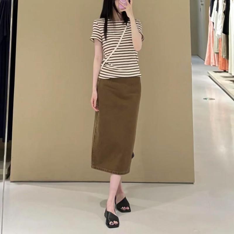スカート 女装用 メンズ 標準版型 ストレート デニム 牛仔 ミディ丈 ブラウン 秋冬 コットン素材 伸縮性 普段使い カジュアルスタイル 軽量 ハイウエスト ブラウン系 ユニセックス
