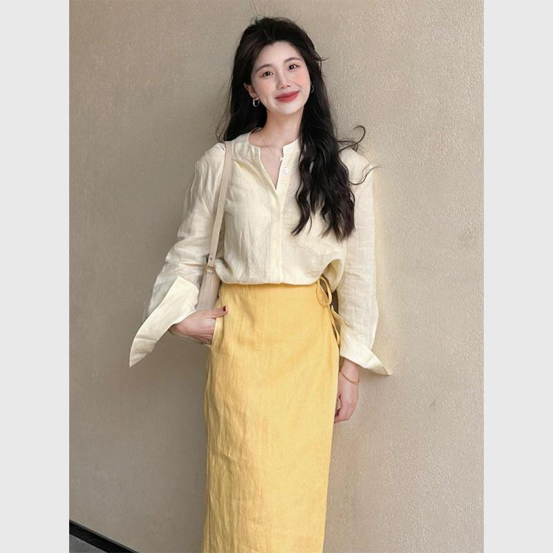 中国風 レディース 杏色 綿麻 リネン トップス スコート 仕掛ける 夏用 小っちゃい相応う 愛くるしげ MIDI丈 軽さ 吸湿速乾 心地よい 普段使い