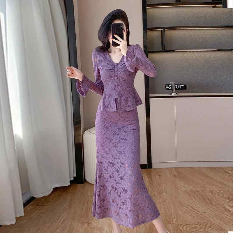レディース 春 セットアップ 紫色 フレアスリーブ レース トップス ハーフスカート 高級感 かわいい 軽量 伸縮性 ミディ丈 通勤用 普段使い