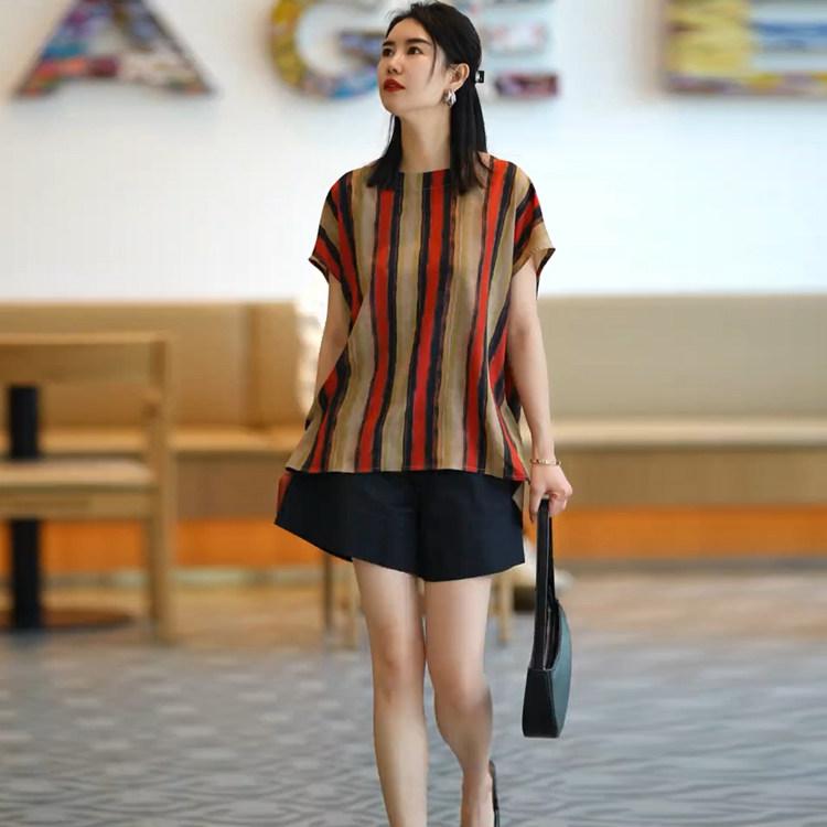 レディース 夏 シャツ ショートパンツ セット ストライプ柄 コントラストカラー 再生繊維 麻素材 高級感 伸縮ウエスト 軽量 吸湿速乾 カジュアルスタイル