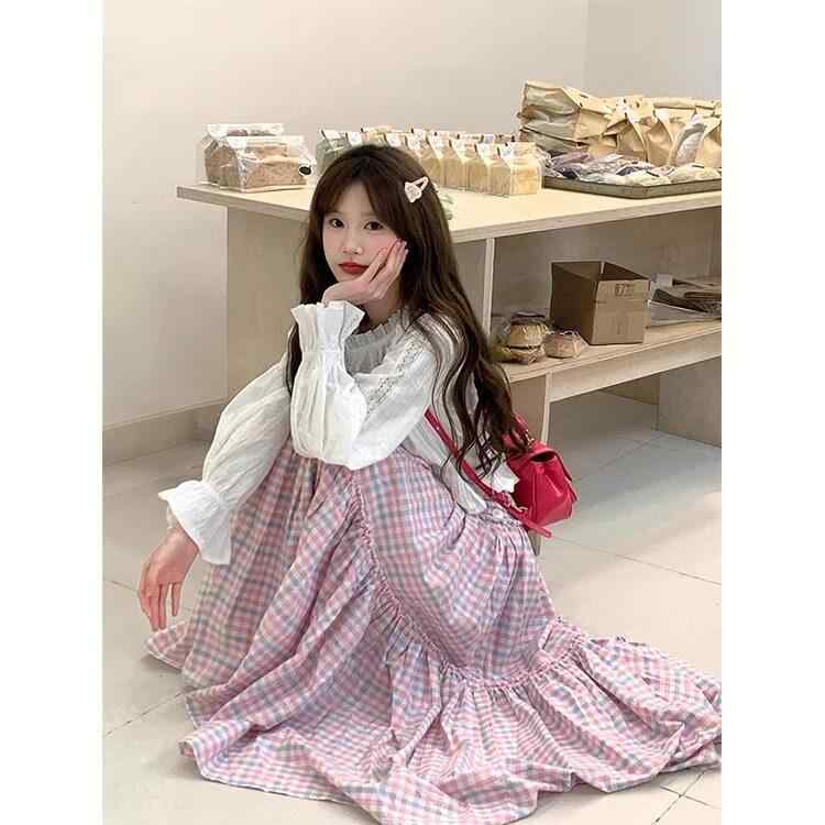 レディース 白 ラッパ袖 レース 刺繍 ブラウス ピンク チェック ミディスカート 春 2点セット 女性用 トップス スカート コーデ 軽やか スタイル