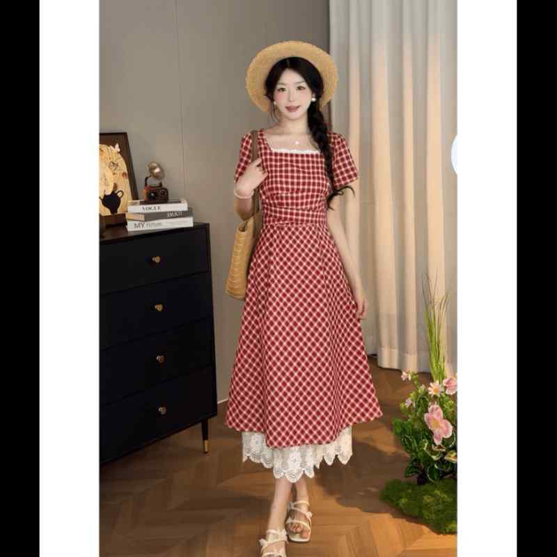 ワンピース レディース 夏 フレンチ チェック柄 レトロ ベルト付き 半袖 ロング丈 かわいい ユニーク スタイリッシュ