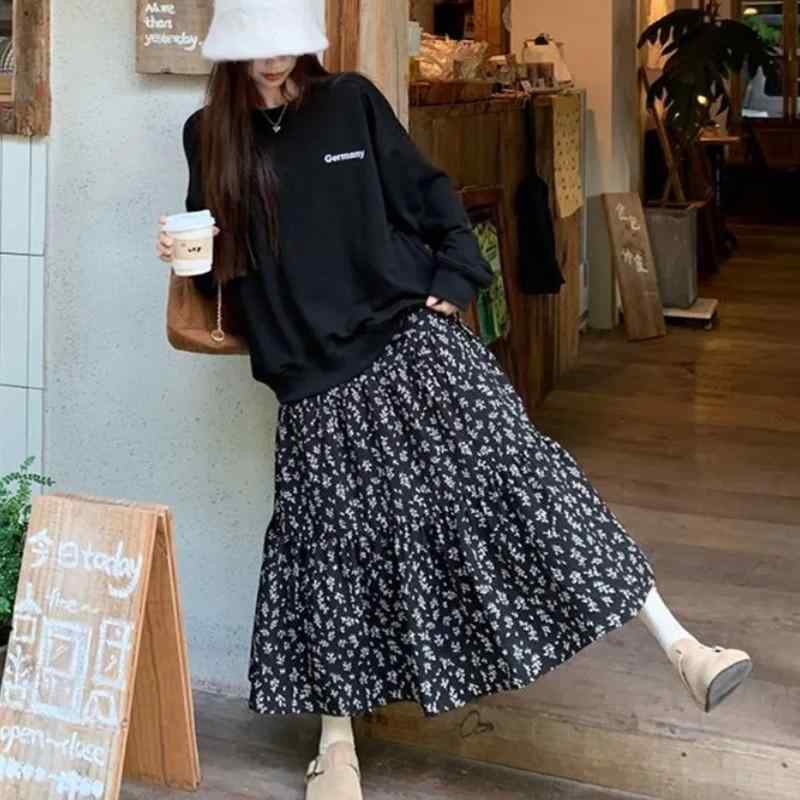 レディース フラワー柄 ハイウエスト Aライン ミディスカート ゆったり 春 普段使い 軽やか コットン混 細見え コーディネートしやすい