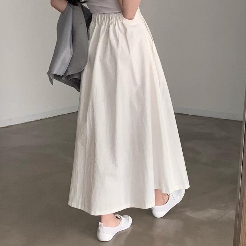 スカート レディース 夏用 ハイウエスト ホワイト ゆったり Aライン プリーツ フレアスカート ミドル丈 ドレープ スリム効果 軽量 カジュアル 普段使い