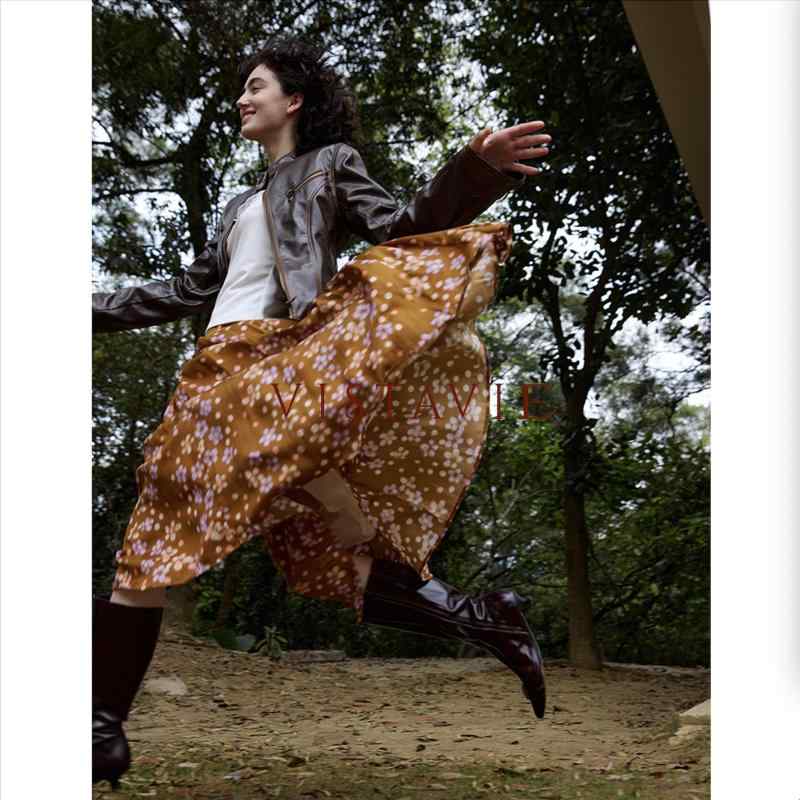 プリーツスカート レディース レトロ ブラウン 小花柄 二重 フレア ミディ丈 コットン混 軽量 通勤 普段使い|リバーパディ