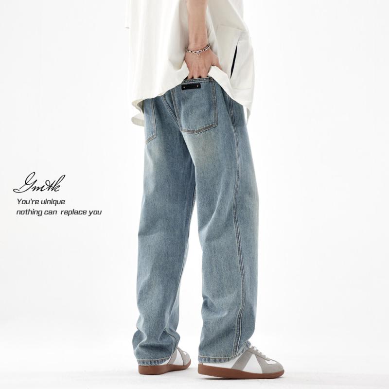 デニムパンツ 男性用 ゆったり ストレート ワイドレッグ ライトカラー ビンテージ ウォッシュ ドレープ感 春 カジュアル ストリート 普段使い コットン素材 ロング丈