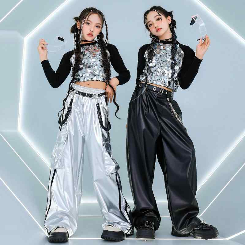 女の子用 子供 ダンス衣装 ヒップホップ ジャズダンス セット スパンコール お腹見せ クロップトップ ストリートパフォーマンス ランウェイショー 光る飾り 伸縮性 動きやすい