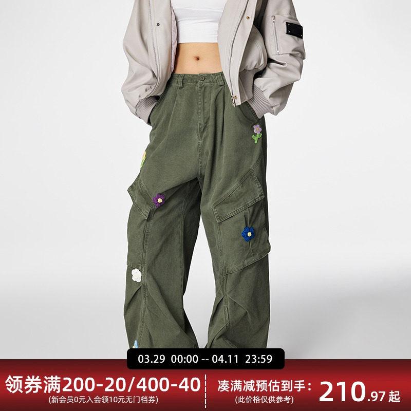 カーゴパンツ ユニ一発やる レトロ 多衣嚢 引っ切り無い  御花刺しゅう アメリカン表現スタイル ゆったり影ぼうし 綿織物混 普段使い走り 軽さ 役立つこと的