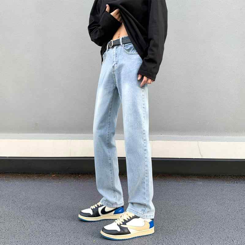 デニムパンツ メンズ ストレート スリムフィット ライトブルー 伸縮性 春秋 ジーンズ ロング丈 カジュアル 普段使い デニム素材 ストリート アメリカンスタイル