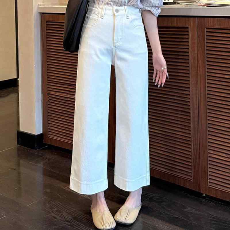 レディース ジーンズズボン下 象牙色 春夏 4道のり伸ばすこと ワイドレッグ クロップド丈 ゆったり影ぼうし か細い成り行き 小っちゃい相応う 引っ切り無い 綿織物混 脚長見せ 心地よい 普段使い