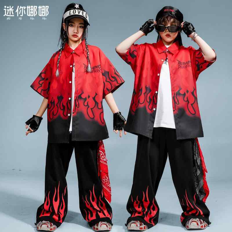 キッズ ヒップホップ ダンス衣装 夏用 男の子 女の子 黒赤 ストリートスタイル パフォーマンスセット クール ファッション 軽量 伸縮性 吸湿速乾
