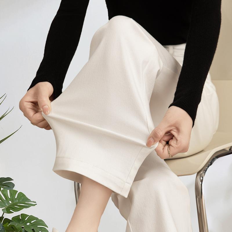 レディース デニムパンツ ホワイト ハイウエスト ワイドレッグ ストレート フィット スリムシルエット ロング丈 春夏 通勤 普段使い 伸縮性 軽量 再生繊維|リバーパディ