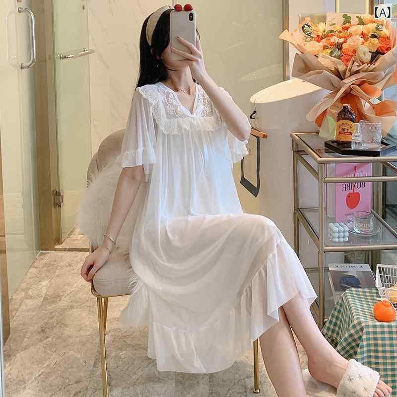 スリーピングガウン レディース 夏 薄手 宮廷風 プリンセス かわいい モダール 素材 セクシー レース 接触冷感 部屋着 軽量 吸湿速乾 ホームウェア