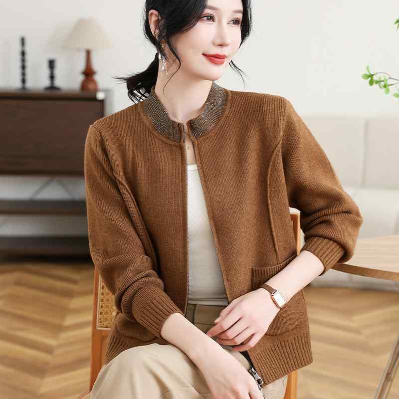 ジレー レディース 編み物 ファスナー 開襟 春  おっ母さん向け 若返り  軽さ 伸縮性 アウター 上衣 トップス 普段使い走り パステル色の 原料品