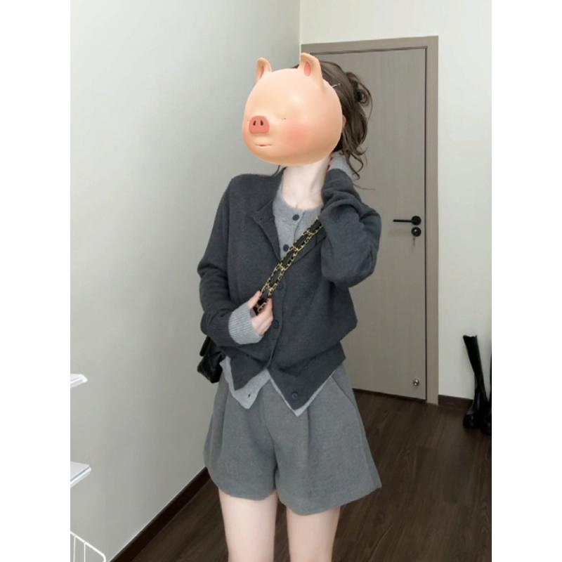 レディース 春 ニット カーディガン ショートパンツ セット グレー 高級感 学院風 小柄対応 柔らかい 伸縮性 カジュアル スタイル 暖かみ コンパクト フィット