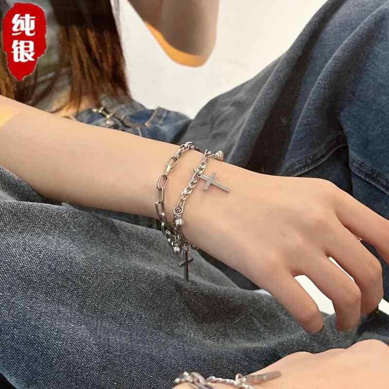 レディース 銀 ブレスレット 二重層 十字架 ハート モチーフ 高級感 夏用 ファッション アクセサリー 軽量 日常使い