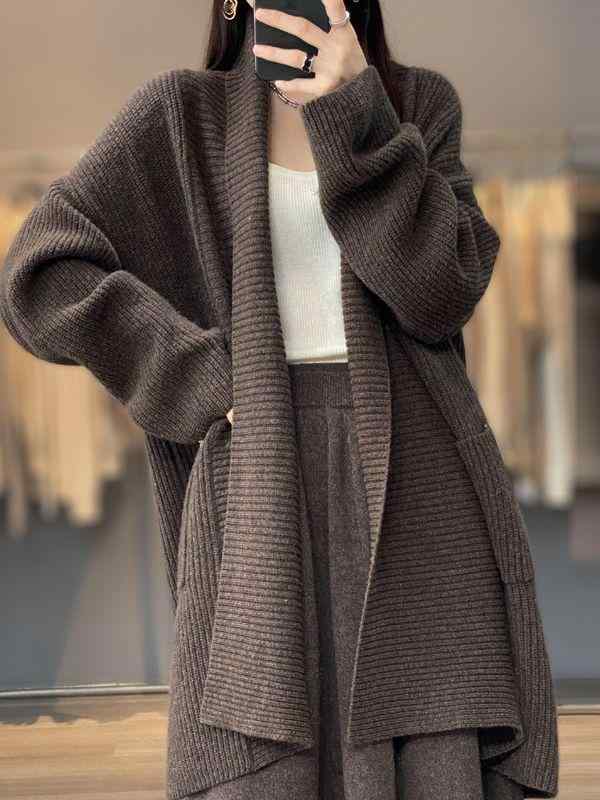 カーディガン 女性用 秋冬 加厚 保暖 ミドル丈 羊毛 コート ニット ジャケット ゆったり ルーズ ビッグサイズ ウール オープン カーディガン 暖かみ 軽量 柔らかい 素材 ブラック グレー ベージュ 日常使い 通勤 通学
