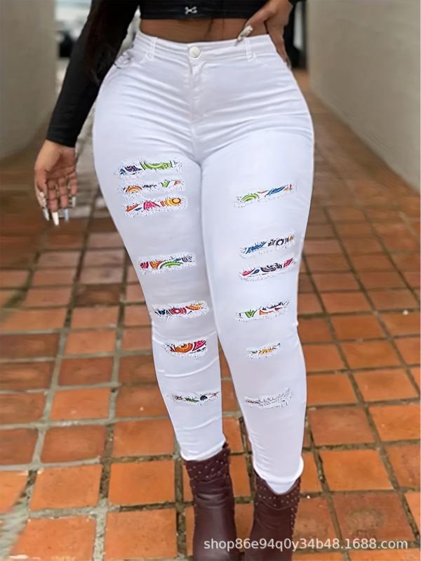 デニムパンツ 女性用 ビッグサイズ ホワイト 破れ 切り替え スキニータイプ ペンシルシルエット ストレッチ素材 普段使い 軽量 通勤 カジュアル 春夏 秋冬 デニム生地 ハイウエスト スリムフィット